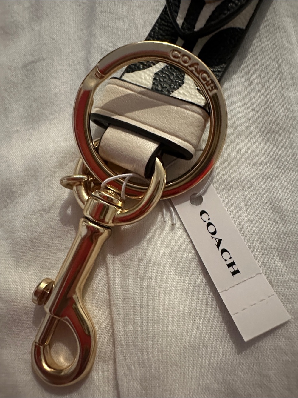 Coach Black & Chalk Signature Leather Keychain with Gold Hardware - Picture 5 of 5